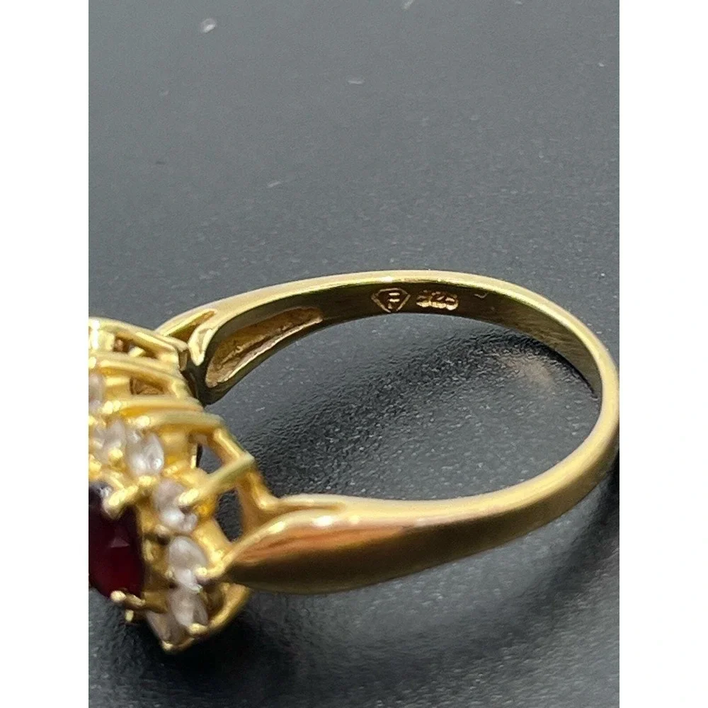 F Finecraft Vintage Vermeil Sterling  Oval Garnet Trilogy Halo CZ  Ring 9.25